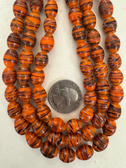 tangerine orange black metallic copper white red swirl motif, vintage look glass, 12x8mm bowed tube, 15
