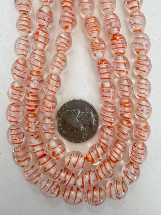 clear red orange white magenta swirl motif, vintage look glass, 11x9mm bowed tube, 15