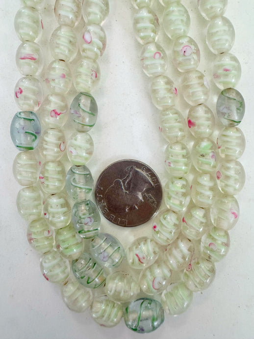 clear light and dark green white magenta swirl motif, vintage look glass, 11x9mm bowed tube, 15
