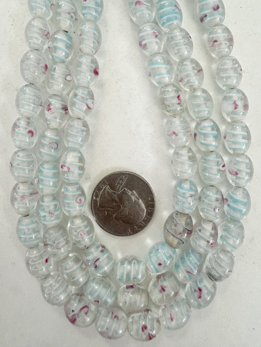 clear light pale blue white magenta swirl motif, vintage look glass, 11x9mm bowed tube, 15