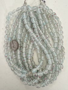 clear light pale blue white magenta swirl motif, vintage look glass, 11x9mm bowed tube, 15" strand, sold per strand