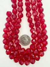 dark red, single color, vintage look glass, 12mm faceted round, 12" strand, sold per strand