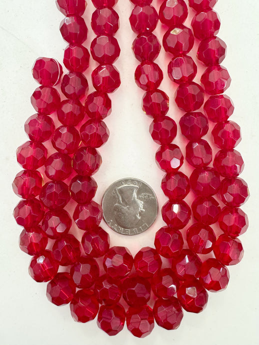 dark red, single color, vintage look glass, 12mm faceted round, 12