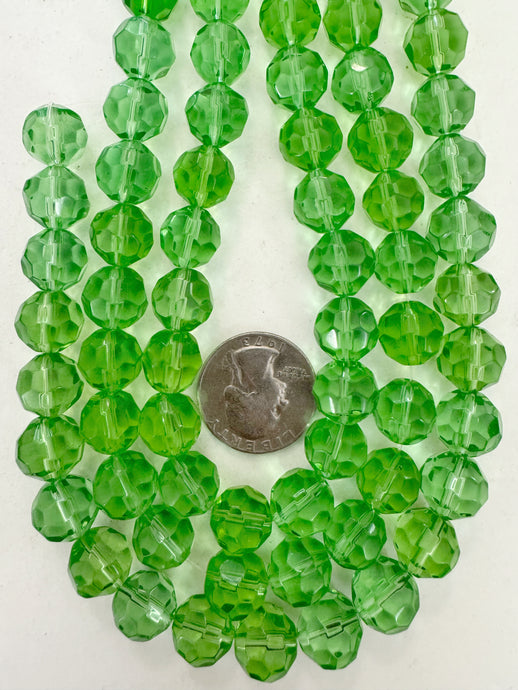 dark celery green, single color, vintage look glass, 12mm faceted round, 12