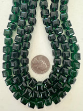 dark green, single color, vintage look glass, 10mm rounded cube, 13" strand, sold per strand