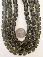 dark pale green gray, single color, vintage look glass, 10mm rounded cube, 13" strand, sold per strand