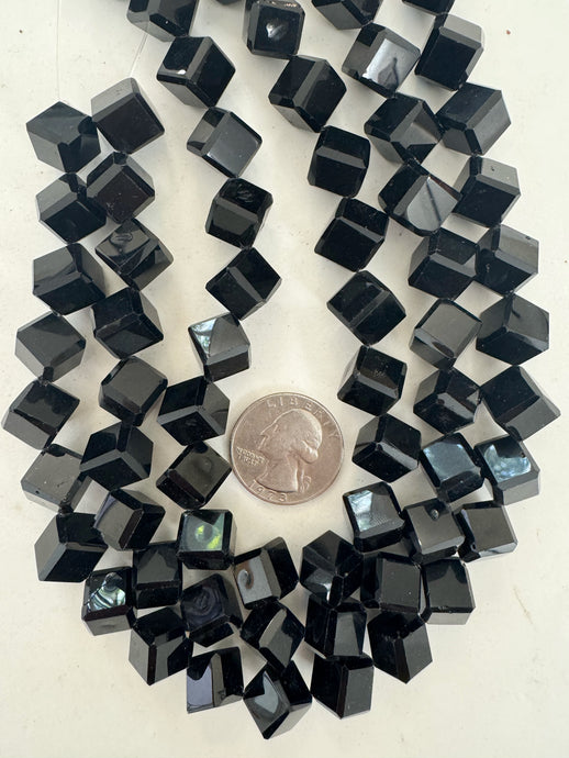 black, single color, vintage look glass, 10mm corner to corner drilled faceted cube, 13