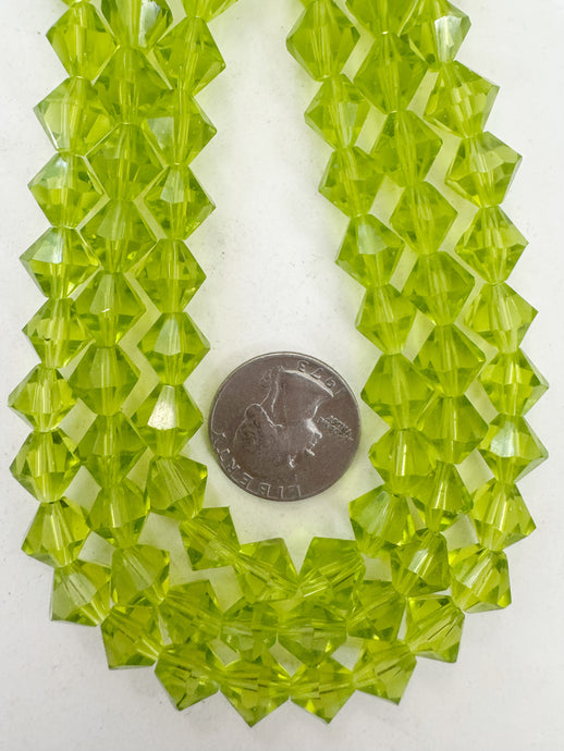 lime green, single color, vintage look glass, 10mm faceted bicone, 14