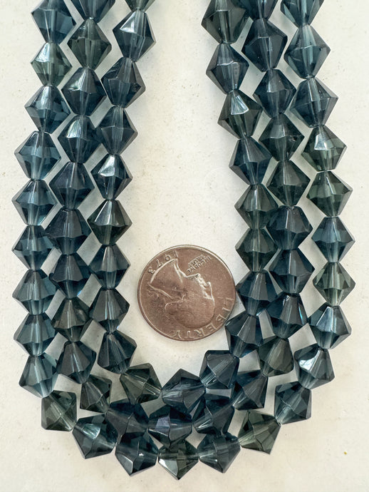 dark gray blue, single color, vintage look glass, 10mm faceted bicone, 14