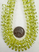 white flash coated lime green, fancy cut, vintage look glass, 8x5mm edge faceted heishi rondelle, 10" strand, sold per strand