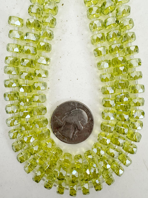 white flash coated lime green, fancy cut, vintage look glass, 8x5mm edge faceted heishi rondelle, 10