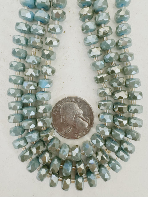 brown flash coated pastel blue, fancy cut, vintage look glass, 8x5mm edge faceted heishi rondelle, 10