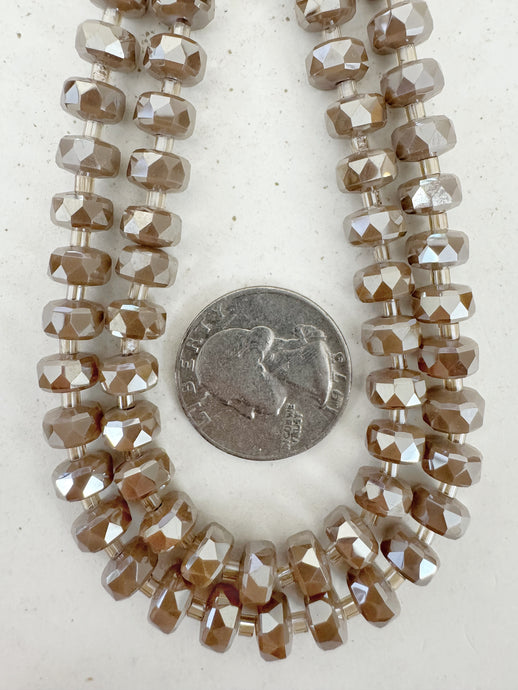 white flash coated pastel dark red brown, fancy cut, vintage look glass, 8x5mm edge faceted heishi rondelle, 10