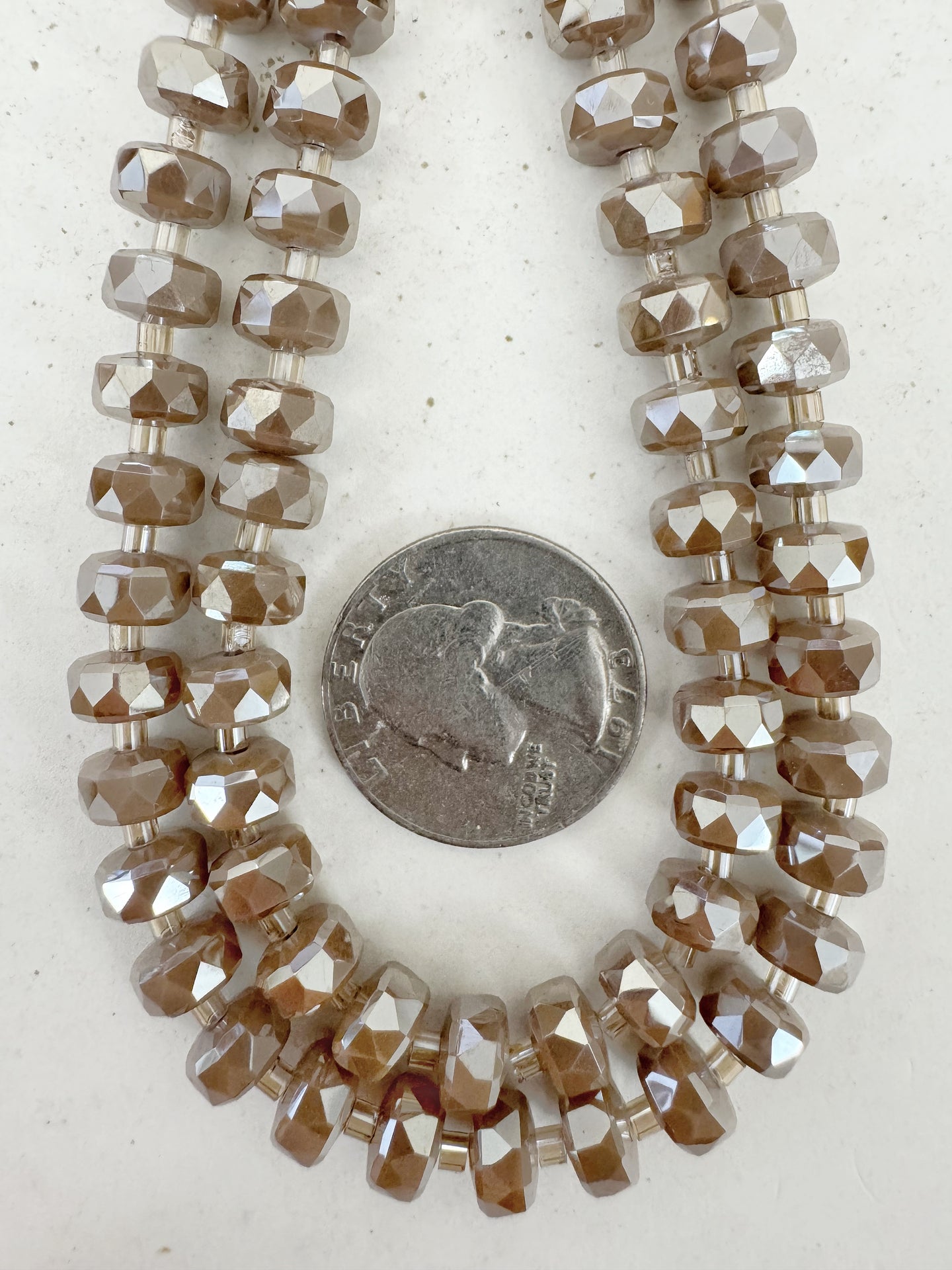 white flash coated pastel dark red brown, fancy cut, vintage look glass, 8x5mm edge faceted heishi rondelle, 10