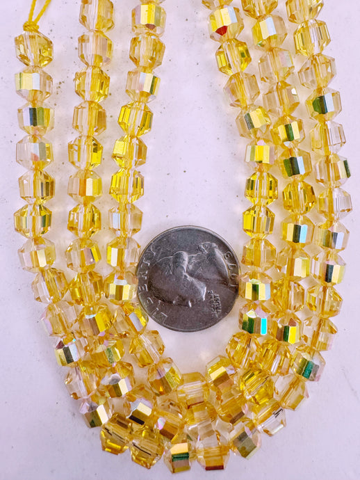 yellow AB flash coated clear, fancy cut, vintage look glass, 7mm faceted bicone barrel, 9.5