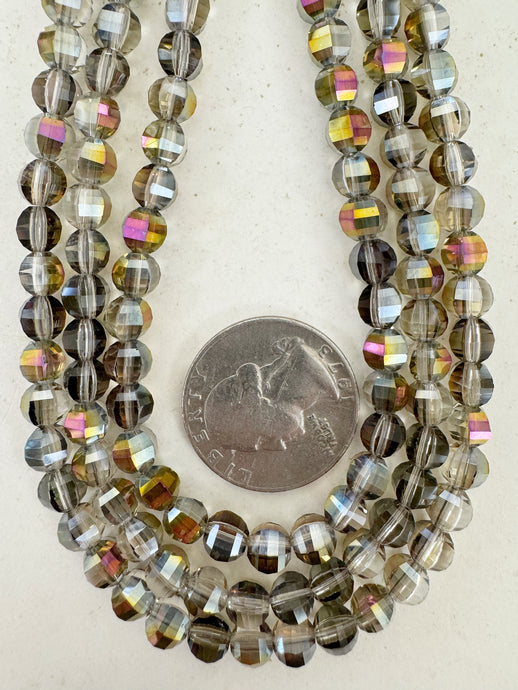 AB flash coated dark clear, fancy cut, vintage look glass, 6mm faceted round, 11