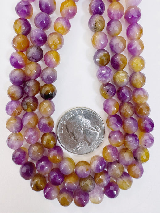 grape purple yellow mix enhanced quartz, 8mm faceted round, 15