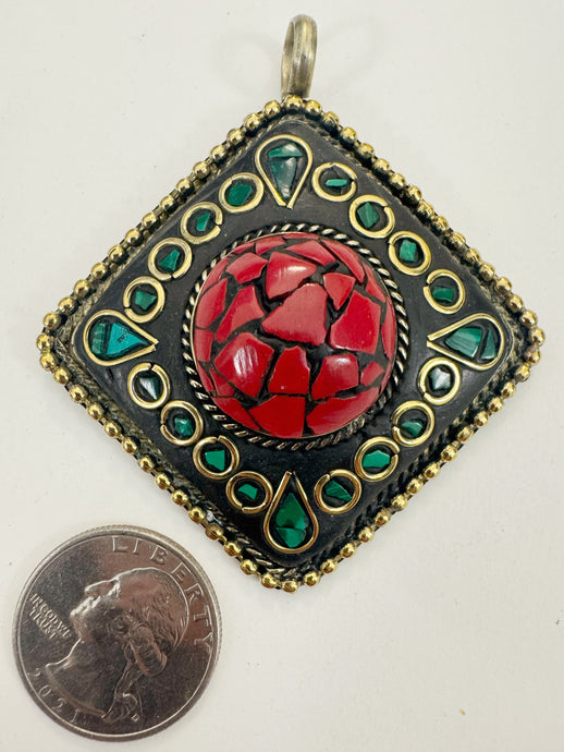 brass, coral red malachite green enhanced magnesite inlays, 65x58x18mm diamond shape tibetan style pendant, sold per piece