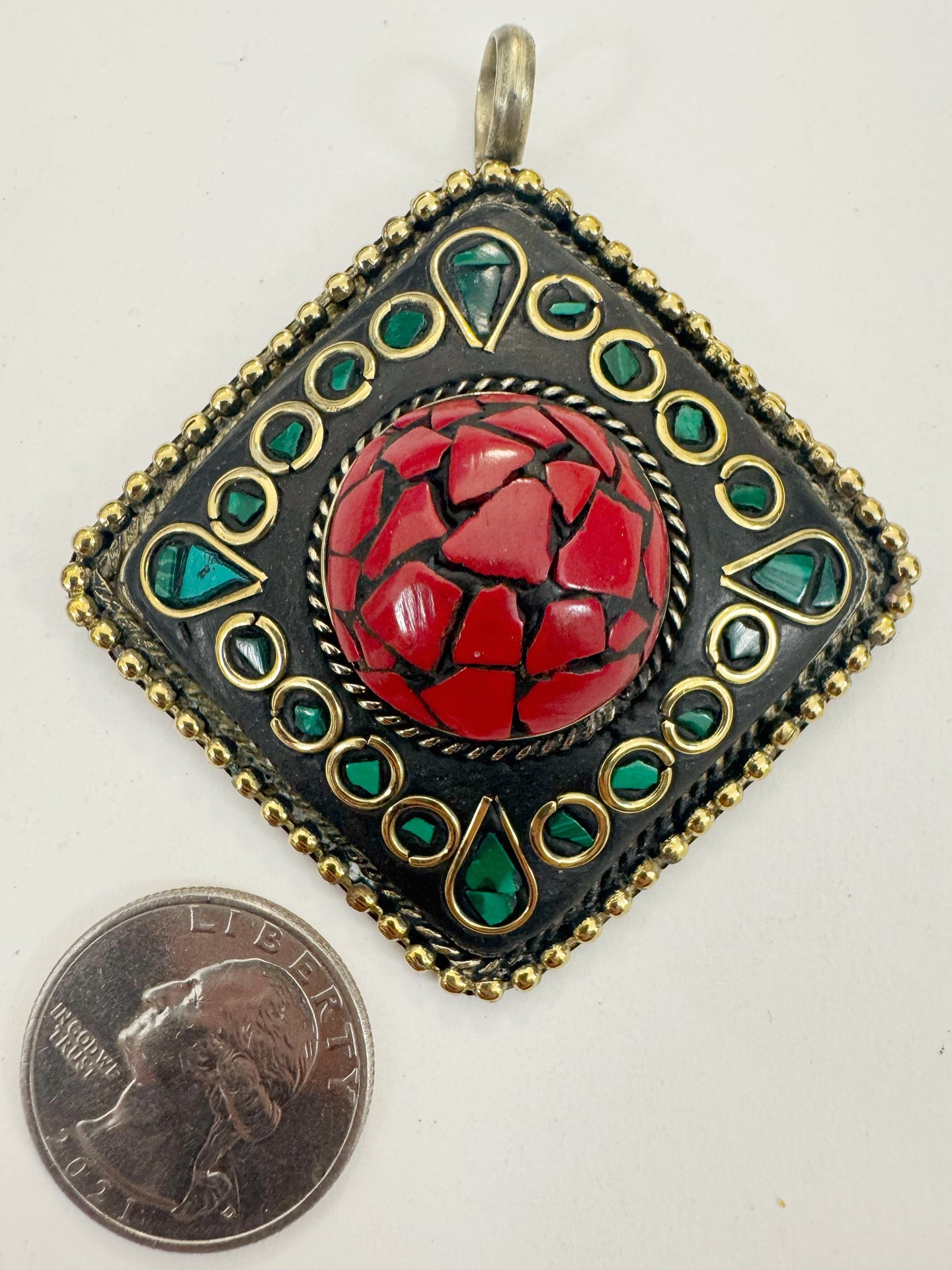 brass, coral red malachite green enhanced magnesite inlays, 65x58x18mm diamond shape tibetan style pendant, sold per piece