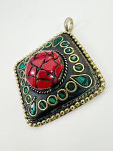 brass, coral red malachite green enhanced magnesite inlays, 65x58x18mm diamond shape tibetan style pendant, sold per piece