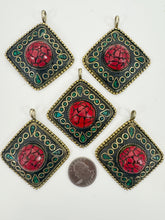 brass, coral red malachite green enhanced magnesite inlays, 65x58x18mm diamond shape tibetan style pendant, sold per piece
