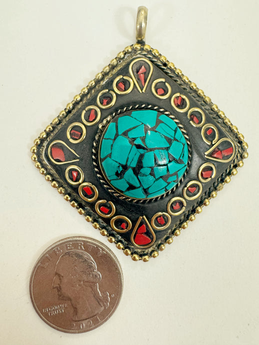 brass, turquoise blue coral red enhanced magnesite inlays, 65x58x18mm diamond shape tibetan style pendant, sold per piece