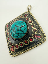 brass, turquoise blue coral red enhanced magnesite inlays, 65x58x18mm diamond shape tibetan style pendant, sold per piece