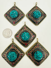 brass, turquoise blue coral red enhanced magnesite inlays, 65x58x18mm diamond shape tibetan style pendant, sold per piece