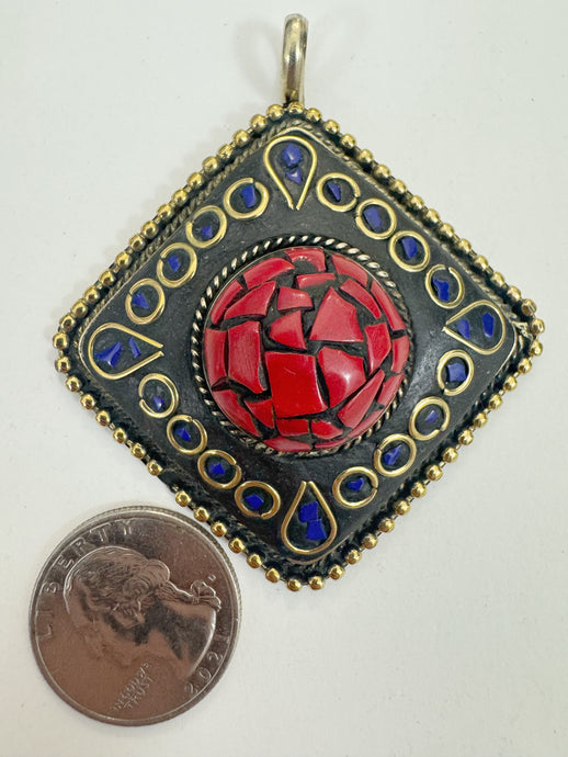 brass, coral red lapis blue enhanced magnesite inlays, 65x58x18mm diamond shape tibetan style pendant, sold per piece
