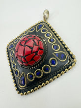 brass, coral red lapis blue enhanced magnesite inlays, 65x58x18mm diamond shape tibetan style pendant, sold per piece