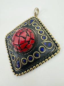 brass, coral red lapis blue enhanced magnesite inlays, 65x58x18mm diamond shape tibetan style pendant, sold per piece