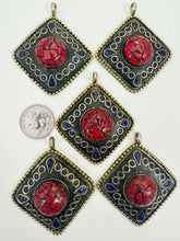 brass, coral red lapis blue enhanced magnesite inlays, 65x58x18mm diamond shape tibetan style pendant, sold per piece