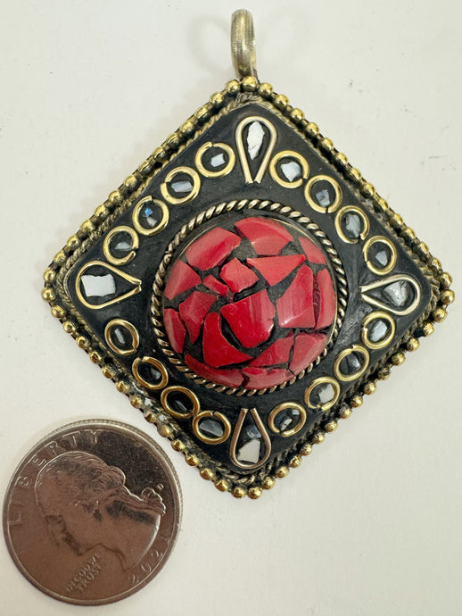 brass, coral red enhanced magnesite mop shell inlays, 65x58x18mm diamond shape tibetan style pendant, sold per piece