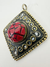 brass, coral red enhanced magnesite mop shell inlays, 65x58x18mm diamond shape tibetan style pendant, sold per piece