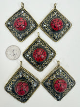 brass, coral red enhanced magnesite mop shell inlays, 65x58x18mm diamond shape tibetan style pendant, sold per piece