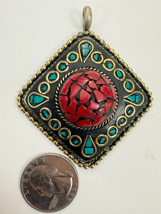 brass, turquoise blue coral red enhanced magnesite inlays, 65x58x18mm diamond shape tibetan style pendant, sold per piece
