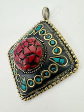 brass, turquoise blue coral red enhanced magnesite inlays, 65x58x18mm diamond shape tibetan style pendant, sold per piece