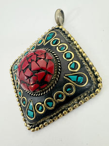 brass, turquoise blue coral red enhanced magnesite inlays, 65x58x18mm diamond shape tibetan style pendant, sold per piece
