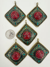 brass, turquoise blue coral red enhanced magnesite inlays, 65x58x18mm diamond shape tibetan style pendant, sold per piece