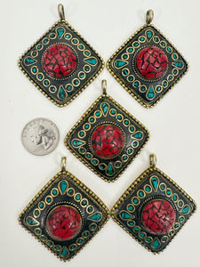 brass, turquoise blue coral red enhanced magnesite inlays, 65x58x18mm diamond shape tibetan style pendant, sold per piece