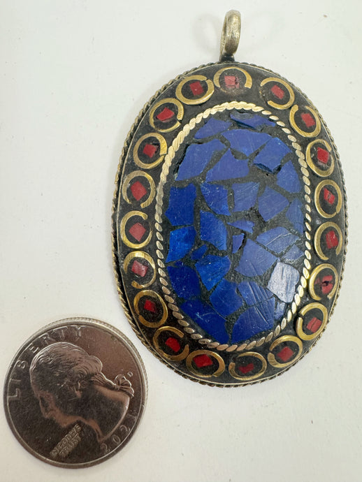 brass, lapis blue coral red enhanced magnesite inlays, 64x41x8mm oval shape tibetan style pendant, sold per piece