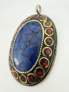 brass, lapis blue coral red enhanced magnesite inlays, 64x41x8mm oval shape tibetan style pendant, sold per piece