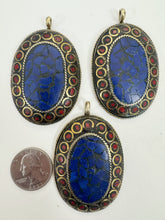 brass, lapis blue coral red enhanced magnesite inlays, 64x41x8mm oval shape tibetan style pendant, sold per piece