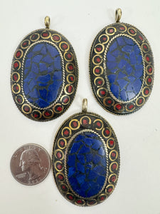 brass, lapis blue coral red enhanced magnesite inlays, 64x41x8mm oval shape tibetan style pendant, sold per piece