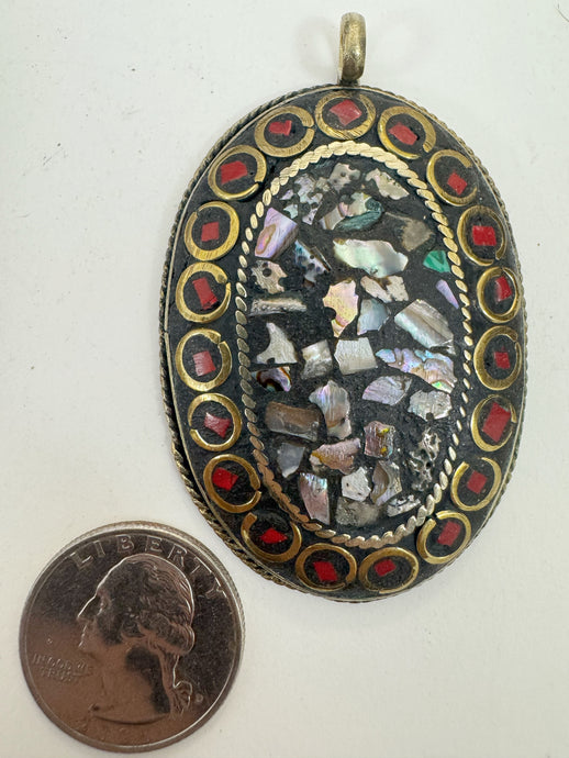 brass, mop shell coral red enhanced magnesite inlays, 64x41x8mm oval shape tibetan style pendant, sold per piece