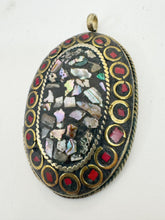 brass, mop shell coral red enhanced magnesite inlays, 64x41x8mm oval shape tibetan style pendant, sold per piece