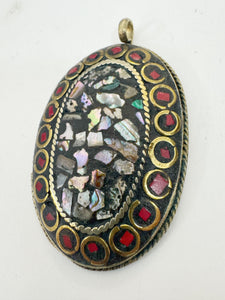 brass, mop shell coral red enhanced magnesite inlays, 64x41x8mm oval shape tibetan style pendant, sold per piece