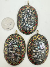 brass, mop shell coral red enhanced magnesite inlays, 64x41x8mm oval shape tibetan style pendant, sold per piece