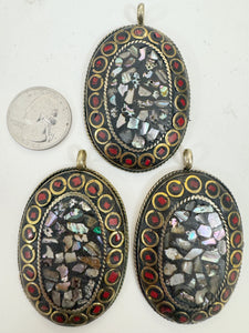 brass, mop shell coral red enhanced magnesite inlays, 64x41x8mm oval shape tibetan style pendant, sold per piece