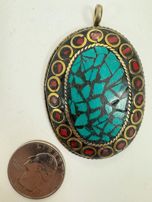 brass, turquoise coral red enhanced magnesite inlays, 64x41x8mm oval shape tibetan style pendant, sold per piece